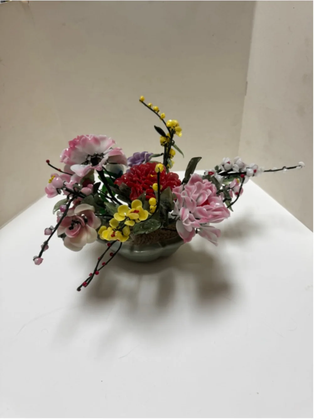 Vintage Yaun Feng Oriental Jade Glass Flowering Blossom Bonsai Tree